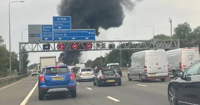 August 13 2025 A lorry has caught fire on the M25 near Lakeside Shopping Centre Credit: EssexLive/BPM
