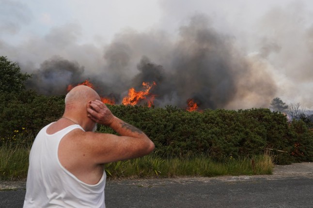 FYLINGDALES, UNITED KINGDOM - AUGUST 14: Fire burns on heathland by the A171 on August 14, 2025 near Flyingdales, United Kingdom. Crews continue to battle the fire, which was first reported on Langdale Moor near RAF Fylingdales on Monday evening. North Yorkshire??Fire Service says the blaze has spread to five square kilometers, and has been declared a major incident. (Photo by Ian Forsyth/Getty Images)