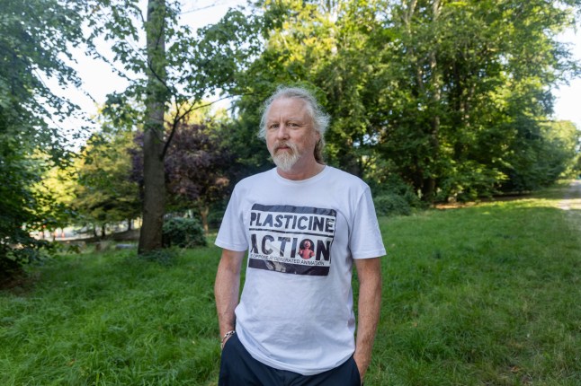 Miles Pickering wearing the T-shirt he was arrested in at the Palestine Action protest in Trafalgar Square. The shirt reads Plasticine Action . After being released without charge he is printing T-shirts which people are buying around the country and are now being stopped by police also ***Pic by David McHugh /Brighton Pictures 07768 721637***