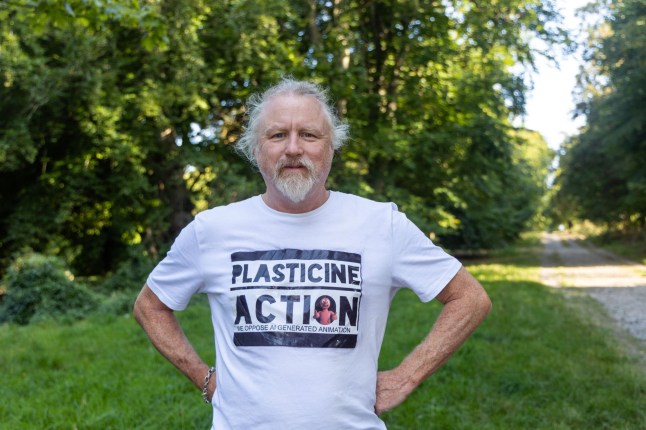 Miles Pickering wearing the T-shirt he was arrested in at the Palestine Action protest in Trafalgar Square. The shirt reads Plasticine Action . After being released without charge he is printing T-shirts which people are buying around the country and are now being stopped by police also ***Pic by David McHugh /Brighton Pictures 07768 721637***