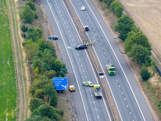 An aerial picture showing the emergency scene on the M11 near Cambridge