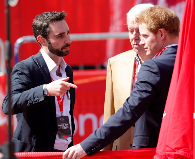LONDON, UNITED KINGDOM - APRIL 21: (EMBARGOED FOR PUBLICATION IN UK NEWSPAPERS UNTIL 48 HOURS AFTER CREATE DATE AND TIME) Nick Loughran (Assistant Press Secretary to Prince William, Duke of Cambridge, Catherine, Duchess of Cambridge and Prince Harry) talks with Prince Harry at the finish line of the Virgin London Marathon 2013 on April 21, 2013 in London, England. (Photo by Max Mumby/Indigo/Getty Images)