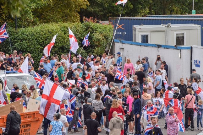 Mandatory Credit: Photo by Vuk Valcic/ZUMA Press Wire/Shutterstock (15463589d) Crowds of anti-migrant demonstrators holding English flags and Union Jacks gather outside the Crowne Plaza hotel in West Drayton in protest against housing asylum seekers in hotels. Anti-Migrant Protest Outside The Crowne Plaza Hotel In West Drayton, London, England, United Kingdom - 30 Aug 2025