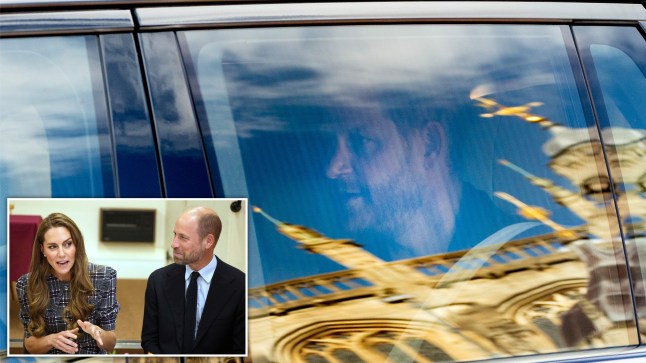 Prince Harry in the back seat of a car, with an inset picture of Kate and William.