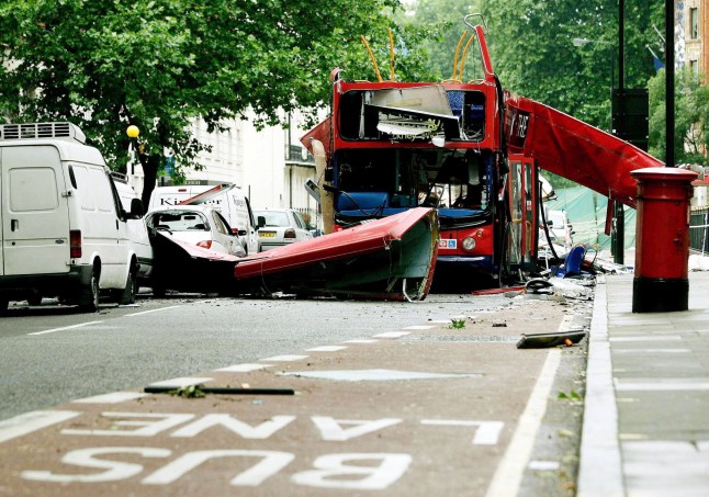 Mandatory Credit: Photo by REX/Shutterstock (533319a) The bomb destroyed number 30 double decker bus in Tavistock Square / Woburn Place BOMB BLAST ON A BUS AT TAVISTOCK SQUARE, LONDON, BRITAIN - 07 JUL 2005
