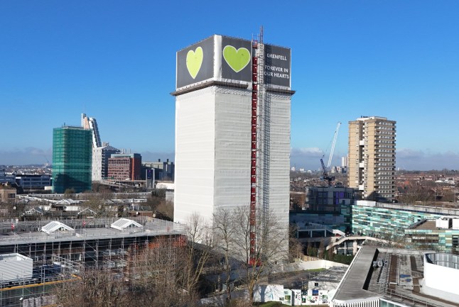 epa11878680 A picture taken with a drone shows Grenfell Tower in London, Britain, 06 February 2025. The British government has announced London's Grenfell Tower will be dismantled to ground level. The building was engulfed in flames on 14 June 2017 killing 72 people. EPA/NEIL HALL