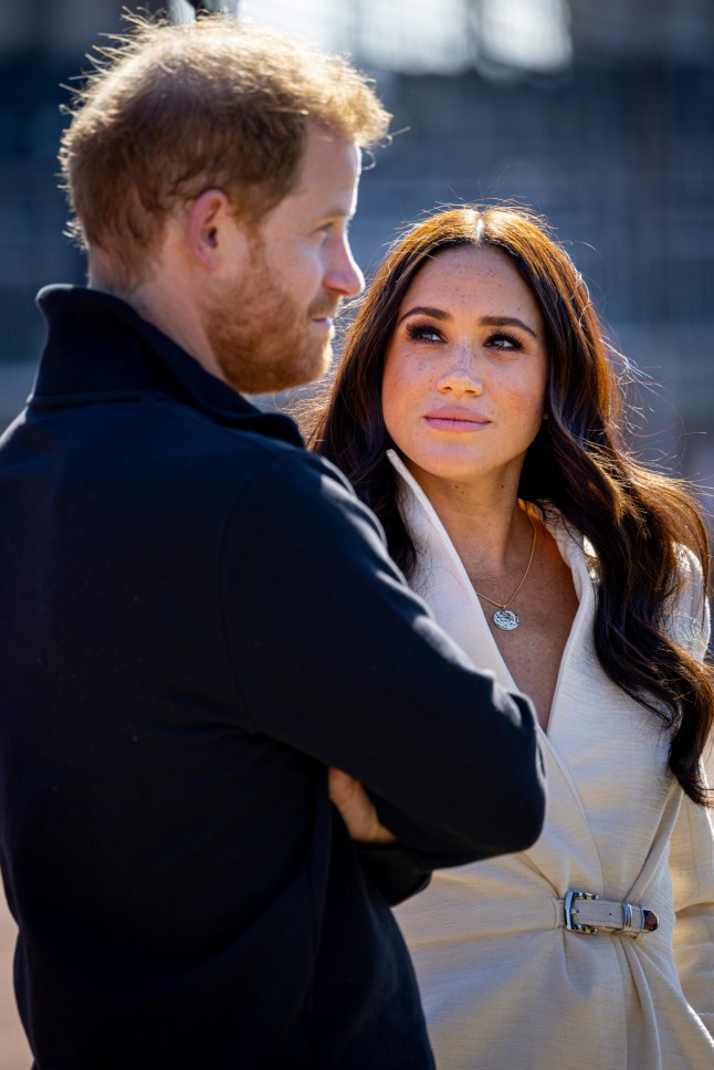 A photo of Harry and Meghan together. Harry stands in profile, while Meghan stands face on, gazing up at Harry's face.