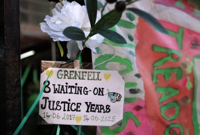 epa12342430 A tribute at the site of Grenfell Tower in London, Britain, 01 September 2025. The Grenfell Tower demolishment is set to begin in September 2025, the UK government has announced. The demolition process is expected to take over two years. The plans have drawn mixed reactions from the local community, bereaved families, and survivors. Seventy-two people died when fire spread through the tower in 2017. EPA/ANDY RAIN
