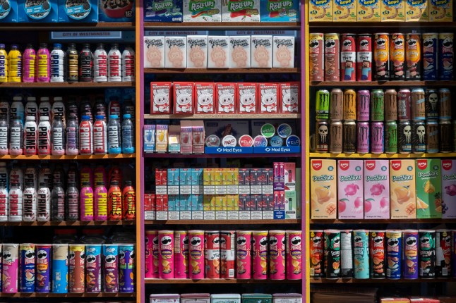 Prime energy drinks alongside snacks, vapes and Monster drinks for sale in a shop on th August 2025 in London, United Kingdom. Prime is a range of sports drinks, drink mixes, and energy drinks created and marketed by Prime Hydration, LLC. The brand is promoted and partially owned by Logan Paul and KSI. (photo by Mike Kemp/In Pictures via Getty Images)