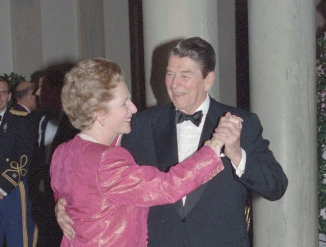 Reagan and Thatcher dance at the White House. November 16, 1988 REUTERS/Larry Rubenstein 88336057 DANCING DC FORMAL FULL LENGTH PRIME MINISTER REUTERS* WHITE HOUSE; Thatcher, Margaret; Reagan, Ronald Ronald Reagan Margaret Thatcher DISCLAIMER: The image is presented in its original, uncropped, and untoned state. Due to the age and historical nature of the image, we recommend verifying all associated metadata, which was transferred from the index stored by the Bettmann Archives, and may be truncated.
