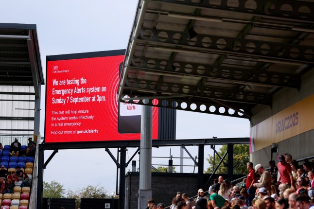 YORK, ENGLAND - SEPTEMBER 06: A general view inside the stadium as the scoreboard displays a message advertising the upcoming gov.uk Emergency Alert system test scheduled for 3pm on Sunday 7th September during the Women's Rugby World Cup 2025 Pool A match between USA and Samoa at York Community Stadium on September 06, 2025 in York, England. (Photo by Molly Darlington - World Rugby/World Rugby via Getty Images)