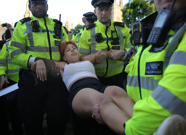 A protester is arrested for holding up a sign saying 'I oppose Genocide - I support Palestine Action' during the protest in Parliament Square on September 6, 2025 in London, England. The UK Government will be able to challenge the decision to allow activist group Palestine Action's appeal against their proscription as a terrorist organisation. (Photo by Martin Pope/Getty Images)