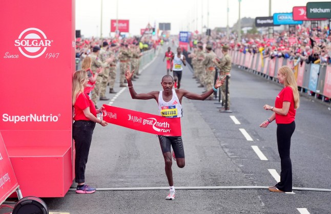 Alex Mutiso crosses the finish line in first place to win the Elite Mens race during the AJ Bell Great North Run 2025 through Newcastle upon Tyne, Gateshead and South Shields. Picture date: Sunday September 7, 2025. PA Photo. Photo credit should read: Owen Humphreys/PA Wire. RESTRICTIONS: Use subject to restrictions. Editorial use only, no commercial use without prior consent from rights holder.