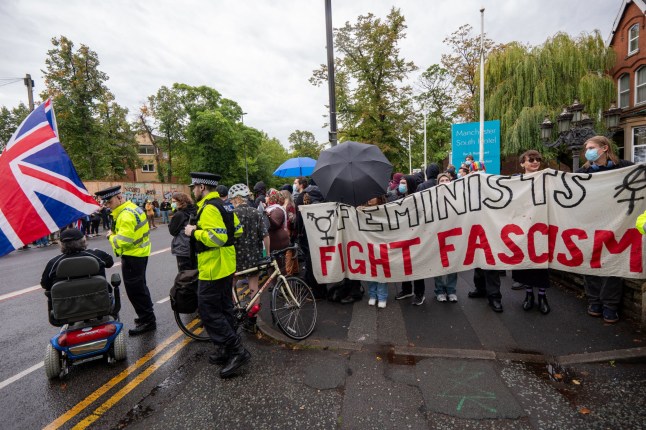 Mandatory Credit: Photo by Gary Roberts Photography/Shutterstock (15475410a) Anti facist protesters outside 'Manchester South Hotel' which houses migrants. Arrests at migrant hotel protest Manchester UK. Sunday saw continuing protests at 'Manchester South Hotel' in Fallowfield Manchester. Anti migrant hotel protesters faced antifacist protesters accross the road. Flags were raised on lamp posts and police held streamers and vloggers back from interacting with antifacist protesters. Several anti migrant hotel protesters were arrested and led away by police. Fallowfield Manchester. Picture: garyrobertsphotography Migrant Hotel protest, Manchester, UK - 07 Sep 2025