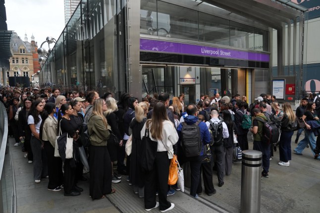 Passengers outside Liverpool Street Station, London, on the third full day of the strike by members of the Rail, Maritime and Transport (RMT) union, including drivers, signallers and maintenance workers, over pay and conditions.