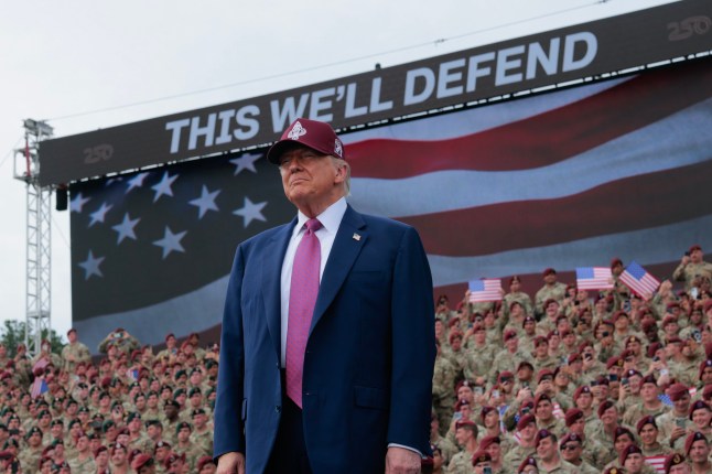 FORT BRAGG, NORTH CAROLINA - JUNE 10: U.S. President Donald Trump takes the stage during a rally with U.S. Army troops on June 10, 2025 at Fort Bragg, North Carolina. Trump is traveling to Fort Bragg Army base to observe a military demonstration and give remarks in honor of the U.S. Army???s 250th anniversary. (Photo by Anna Moneymaker/Getty Images)