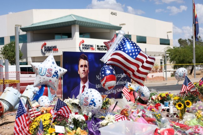 Mandatory Credit: Photo by Gage Skidmore/ZUMA Press Wire/Shutterstock (15482511b) A memorial for Charlie Kirk is displayed outside the headquarters of Turning Point USA. Charlie Kirk Memorial At Turning Point USA In Phoenix, Arizona - 11 Sep 2025