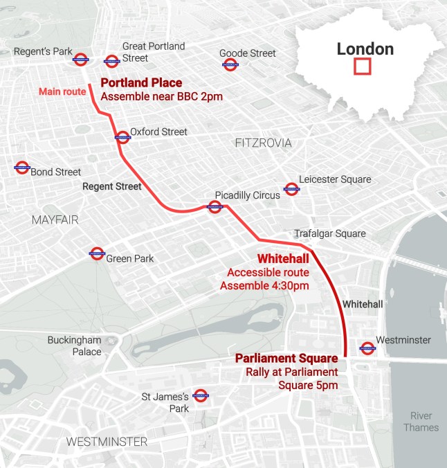 A Metro graphics map showing the route for the Stop Trump Coalition Trump Not Welcome protest march in London today.
