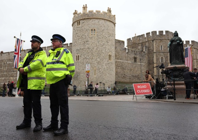 Police patrol at Windsor Castle in Windsor, Britain, 17 September 2025. Britain's King Charles III is to host US President Trump during his official state visit to the UK from 17 to 19 September 2025.